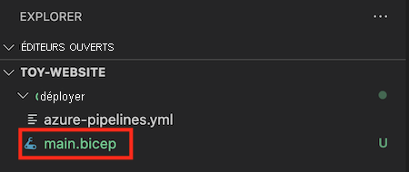 Capture d’écran de l’explorateur de Visual Studio Code, avec le fichier main.bicep en surbrillance dans le dossier deploy.