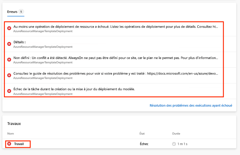 Capture d’écran d’Azure DevOps montrant l’échec de l’exécution du pipeline.