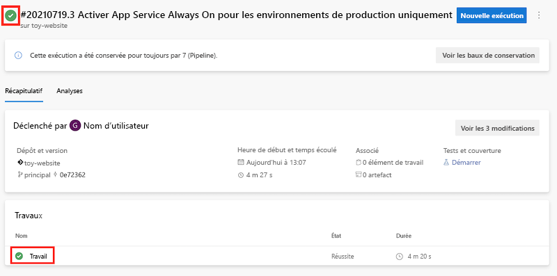 Capture d’écran d’Azure DevOps montrant la réussite de l’exécution du pipeline.