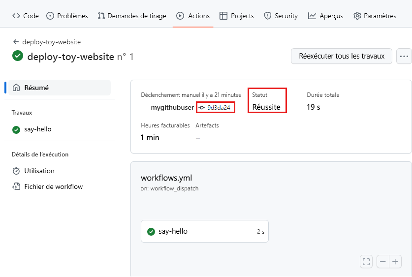 Screenshot of the GitHub interface showing the details of the workflow run, with the status and commit identifier highlighted.