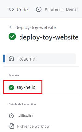 Screenshot of the GitHub interface showing the run details menu, with the say-hello job highlighted.