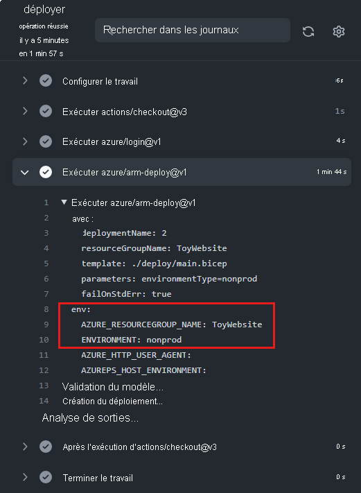 Screenshot of the GitHub interface showing the workflow log, with the 'environment variables' highlighted.