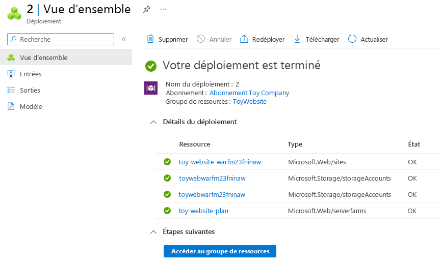 Screenshot of the Azure portal that shows the resource group deployment details, with the App Service resources highlighted.