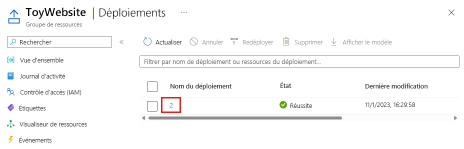 Screenshot of the Azure portal that shows the resource group deployment history, with the deployment highlighted.