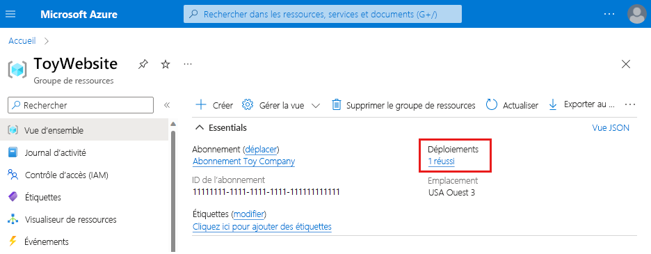 Screenshot of the Azure portal that shows the resource group with one successful deployment.