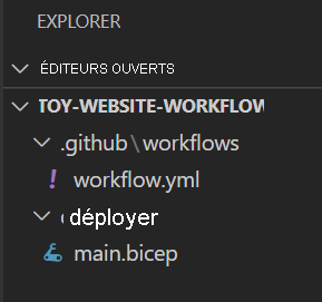 Screenshot of the Visual Studio Code Explorer, with the main dot bicep file highlighted and located in the deploy folder.