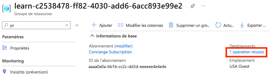 Capture d’écran du volet de présentation du groupe de ressources dans le portail Azure, affichant des détails supplémentaires sur le déploiement réussi.