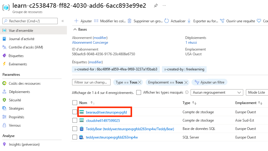 Capture d’écran du volet de présentation du groupe de ressources dans le portail Azure, indiquant qu’un compte de stockage est déployé pour l’audit.