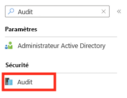 Capture d’écran de l’interface du portail Azure pour le serveur logique, montrant le champ de recherche avec l’audit entré.