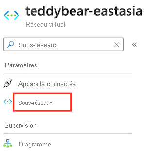 Capture d’écran de l’interface du portail Azure pour le réseau virtuel, montrant le champ de recherche avec les sous-réseaux entrés.