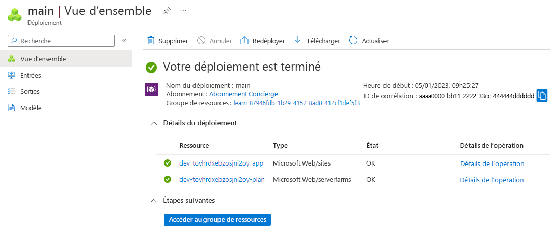 Capture d’écran de l’interface du portail Azure pour le déploiement spécifique avec un plan et une application App Service répertoriés.