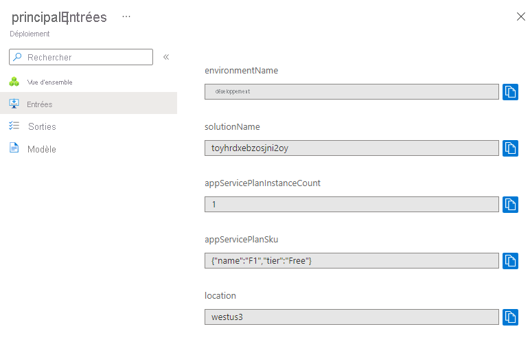 Capture d’écran de l’interface du portail Azure pour le déploiement spécifique montrant les valeurs de paramètres.