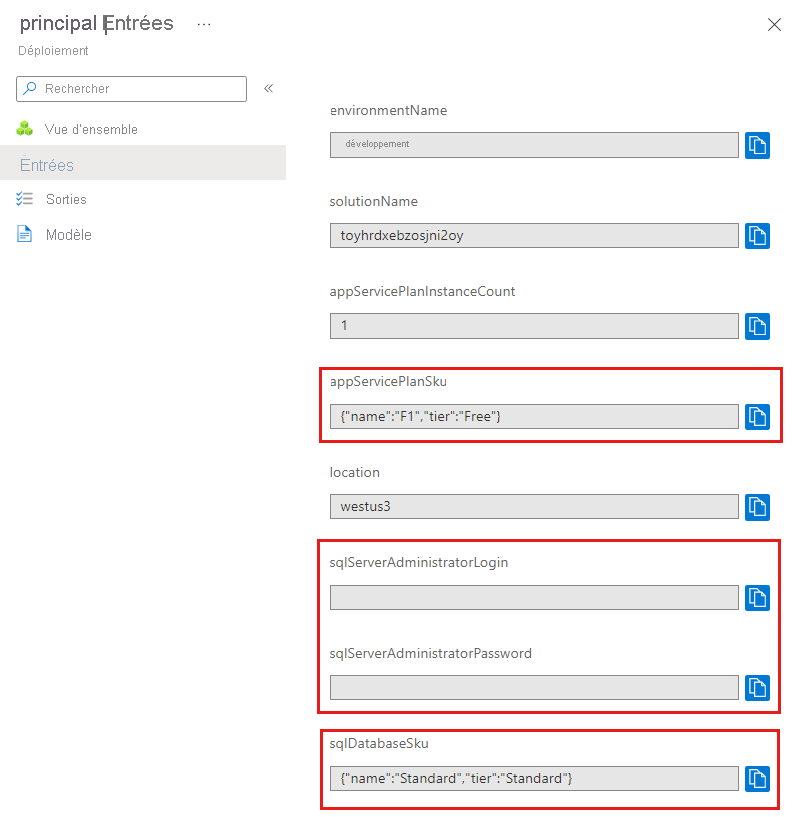 Capture d’écran de l’interface du portail Azure pour le déploiement spécifique montrant les valeurs de paramètres.