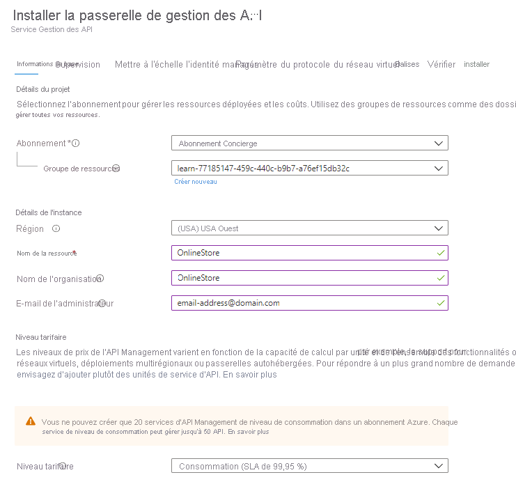 Capture d’écran montrant les paramètres d’un service Gestion des API.