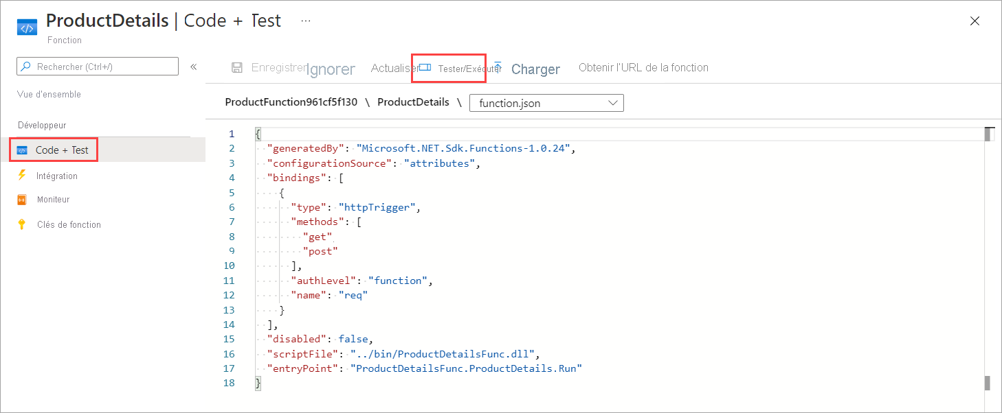 Capture d’écran du volet Code et test de ProductDetails, avec l’option Test/Exécution sélectionnée dans la barre de commandes.