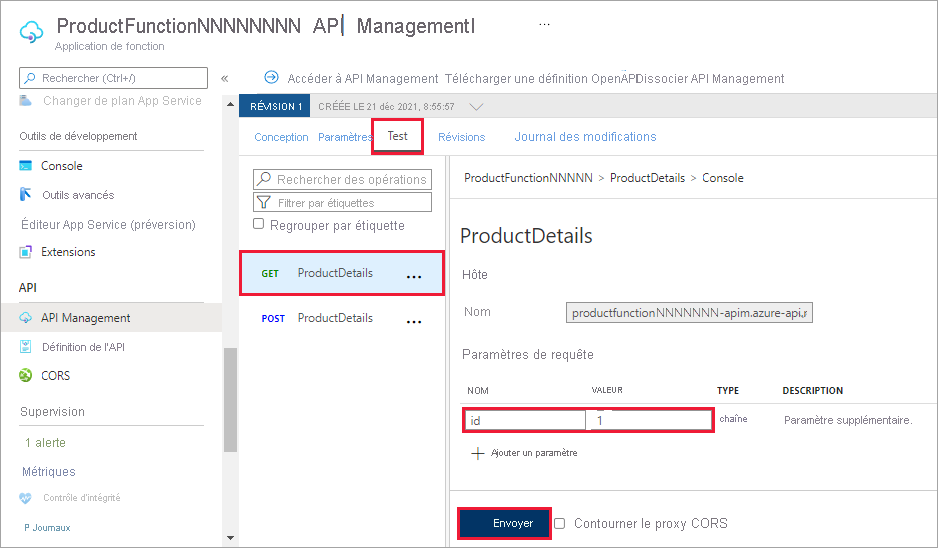 Capture d’écran montrant la console ProductDetails avec mise en évidence des valeurs de paramètre de requête pour la requête HTTP GET.