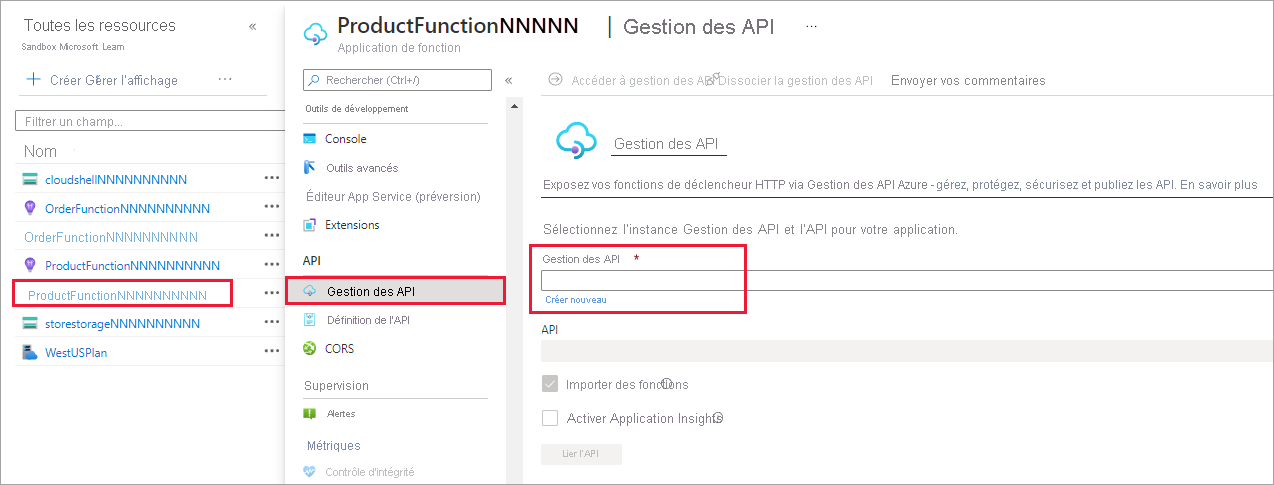 Capture d’écran montrant la sélection de menu à effectuer pour ouvrir l’App Service Gestion des API.