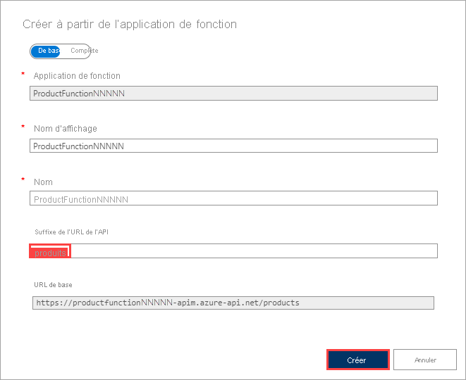 Capture d’écran montrant la boîte de dialogue Créer à partir de l’application de fonction.