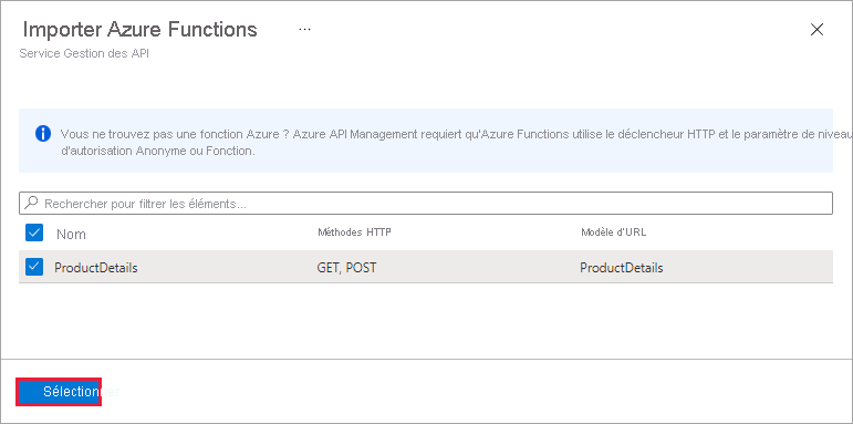 Capture d’écran montrant le volet Importer Azure Functions du service Gestion des API.