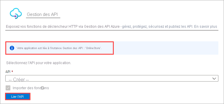 Capture d’écran de Gestion des API avec mise en évidence du bouton Lier l’API.