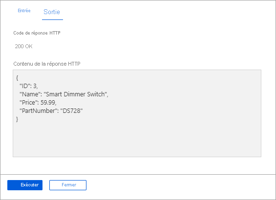 Capture d’écran de la sortie d’un volet pour Test/Exécution avec les résultats de la réponse à l’exécution de la méthode GET.