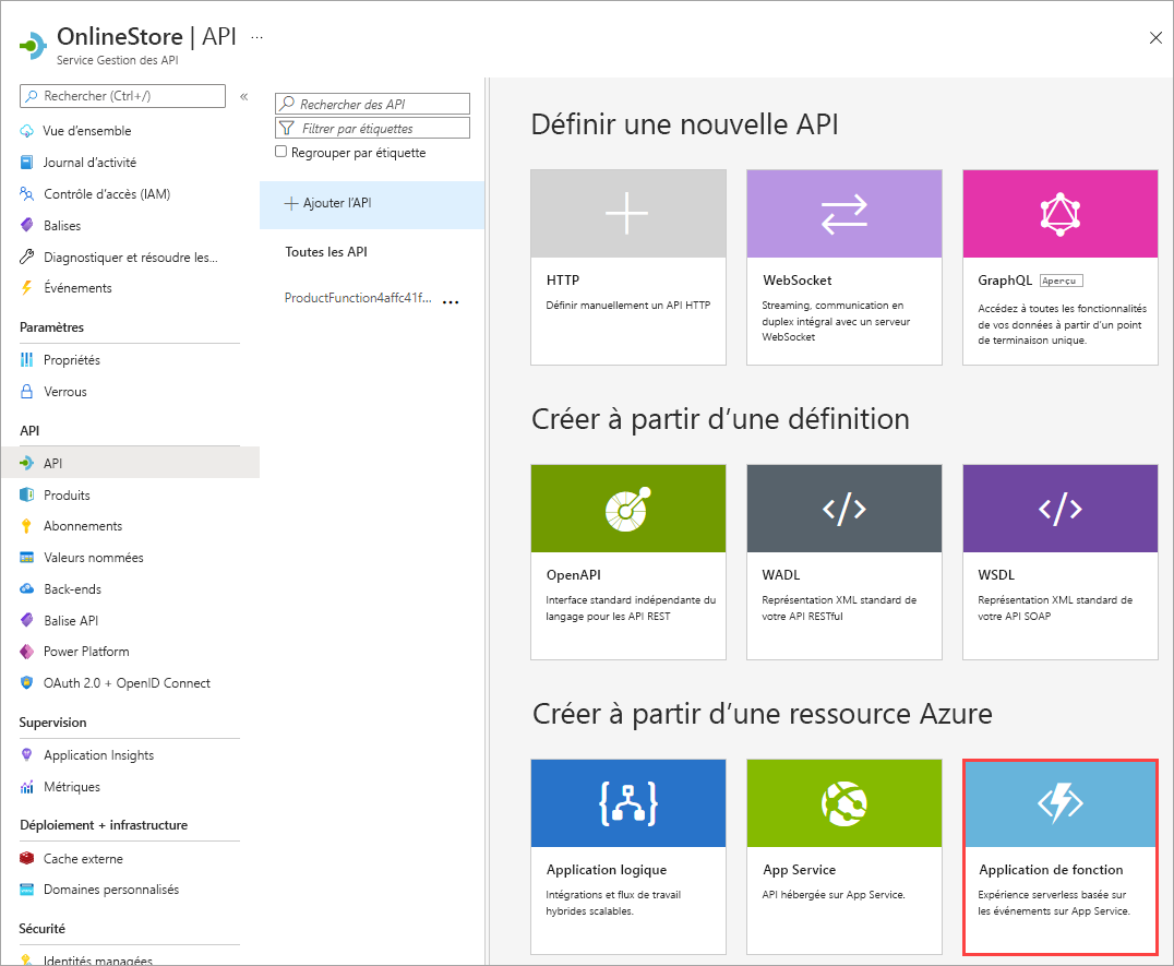 Capture d’écran de l’écran Ajouter une nouvelle API avec une légende mettant en évidence l’option Application de fonction Azure.