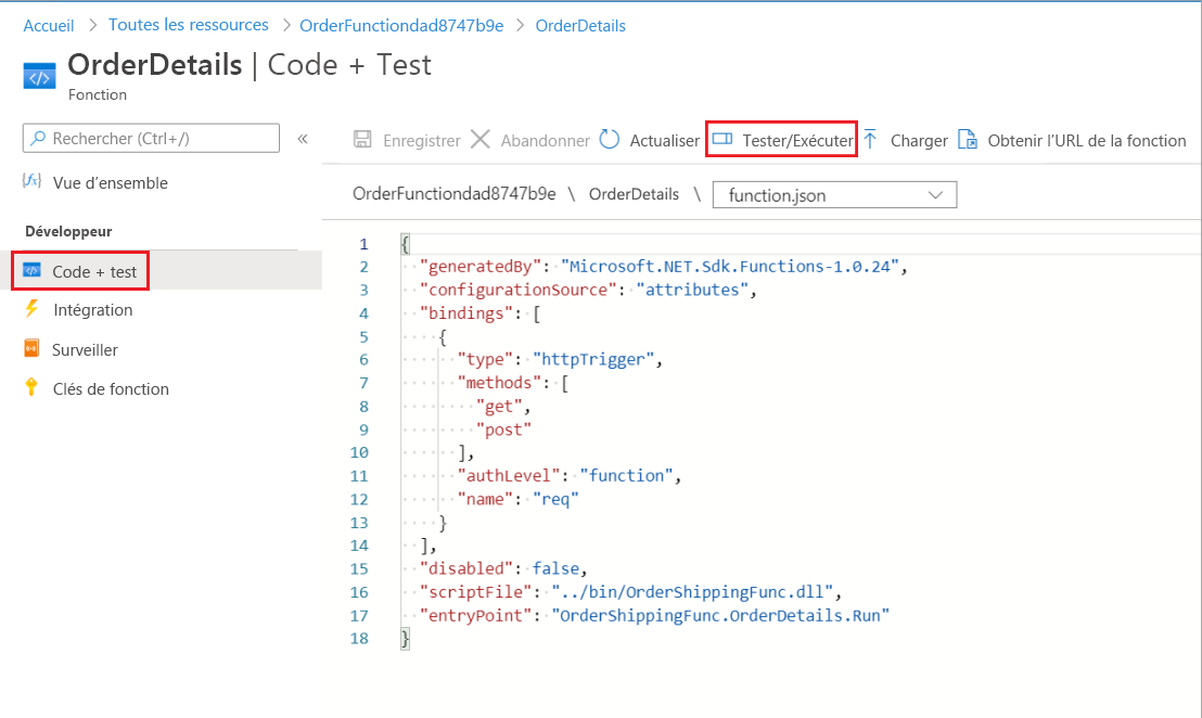 Code JSON de la fonction OrderDetails avec mise en évidence de Code + test dans le menu et de Test/Exécution dans la barre de commandes.