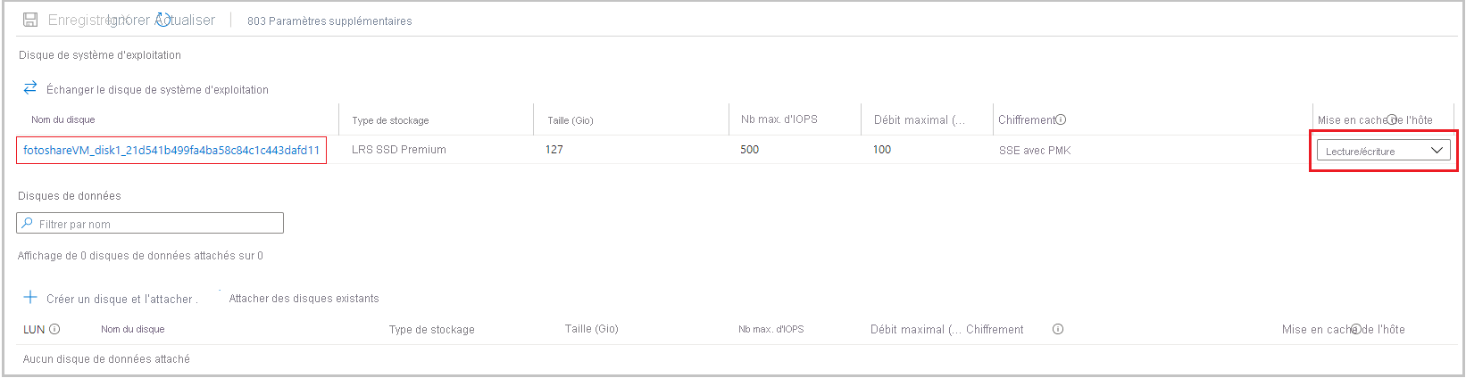 Screenshot of the Azure portal showing the Disks section of a VM pane, with the OS disk shown and set to Read-only caching.