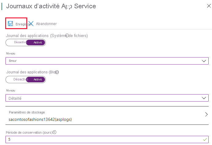 Screenshot of configuring application logs in the Azure portal with Save highlighted.