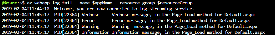 Capture d’écran du volet de flux de journaux en direct du Portail Azure montrant la sortie du conteneur de journaux asp.