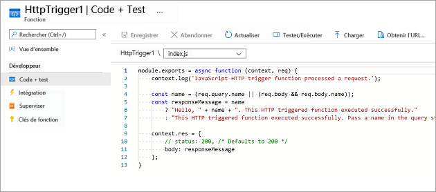 Capture d’écran du volet Coder et tester montrant le code par défaut pour le modèle de fonction de déclencheur HTTP