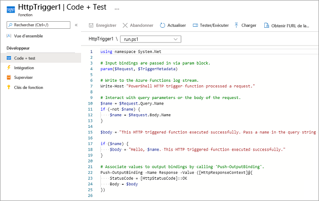 Capture d’écran du volet Coder et tester montrant le code par défaut pour le modèle de fonction de déclencheur HTTP