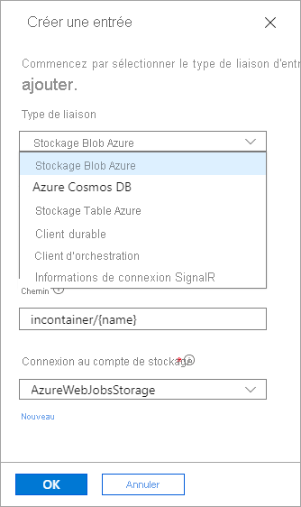 Capture d’écran des options d’ajout d’entrée.