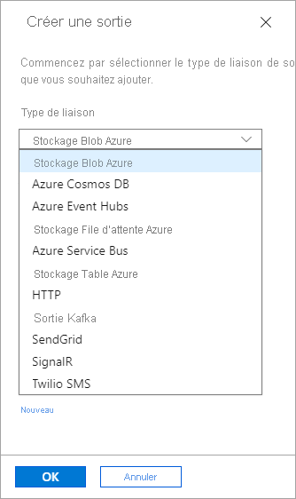 Capture d’écran des options d’ajout de sortie.