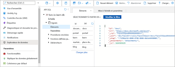 Capture d’écran des données de l’API SQL montrant la collection d’éléments dans le conteneur de signets de func-io-learn-db