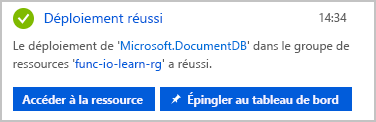 Capture d’écran d’une notification de fin du déploiement du compte de base de données.