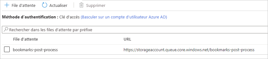 Capture d’écran montrant les files d’attente hébergées par ce compte de stockage