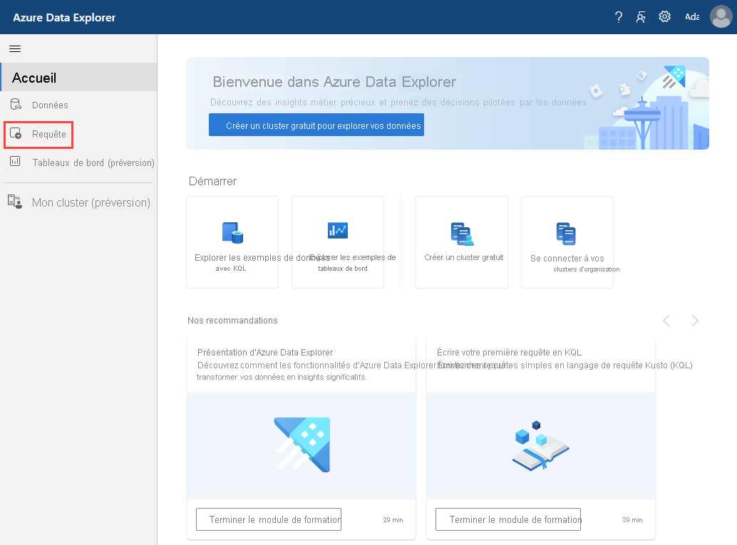 Capture d’écran de la page d’accueil Azure Data Explorer.