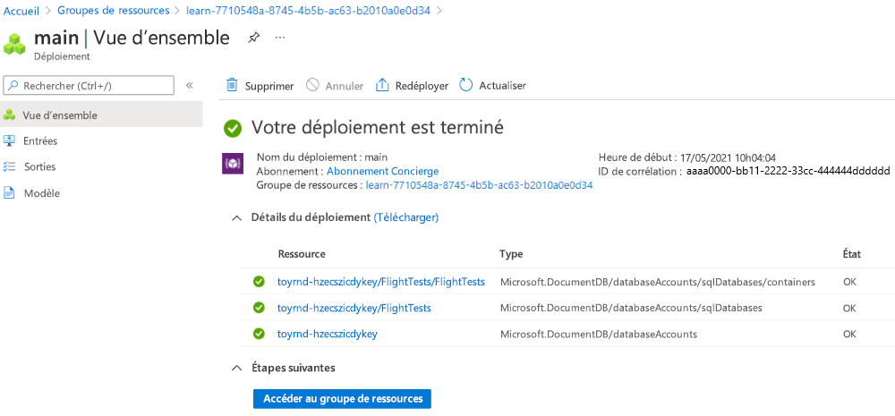 Capture d’écran de l’interface du portail Azure pour le déploiement spécifique avec trois ressources Cosmos DB répertoriées.