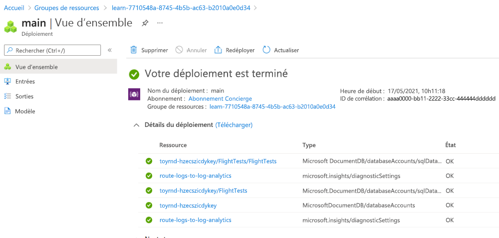 Screenshot of the Azure portal interface for the specific deployment, with the Azure Cosmos DB resources as well as two resources with type Microsoft.Insights/diagnosticSettings.