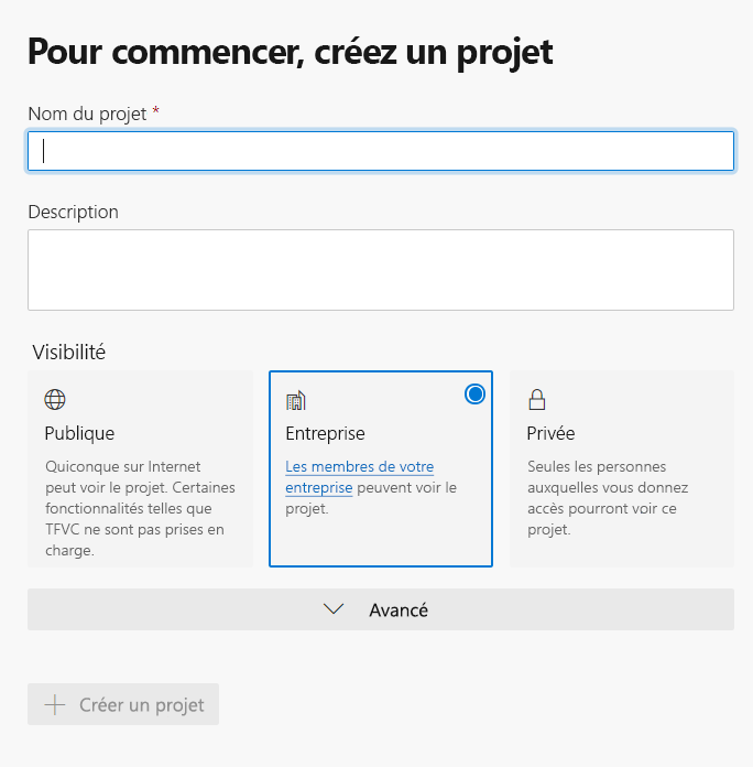 Screenshot that shows the prompt to create a project.