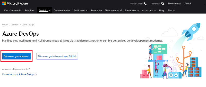 Screenshot of the Azure DevOps home page, with link to Start Free highlighted.