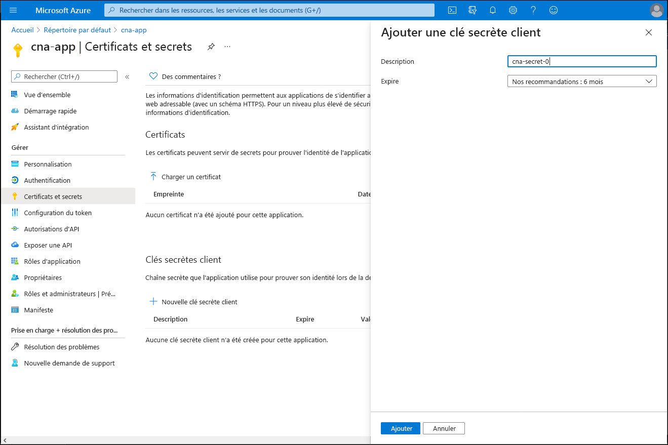 Capture d’écran du volet Ajouter une clé secrète client dans le Portail Azure.