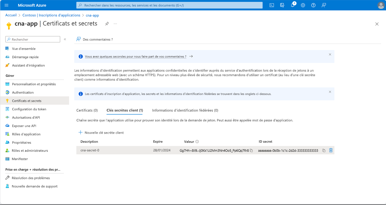 Capture d’écran de la valeur de la clé secrète client dans le volet cna-app Certificats et secrets du Portail Azure.