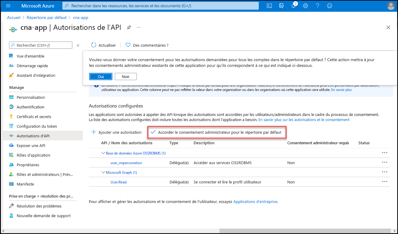 Capture d’écran du volet cna-app Autorisations d’API dans le Portail Azure, avec l’invite de confirmation de l’octroi du consentement de l’administrateur.