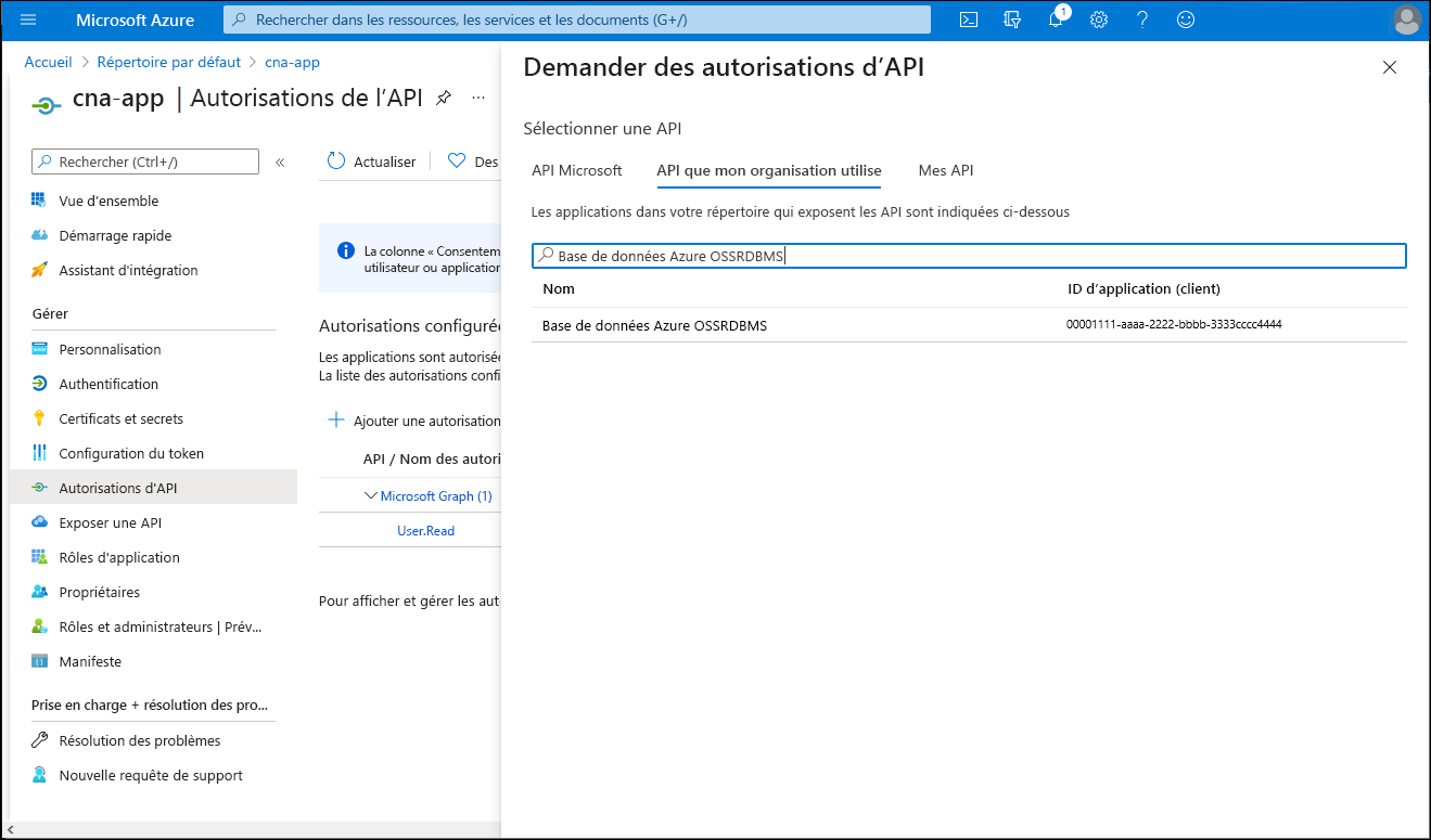 Capture d’écran du volet Demander une autorisation d’API dans le Portail Azure.