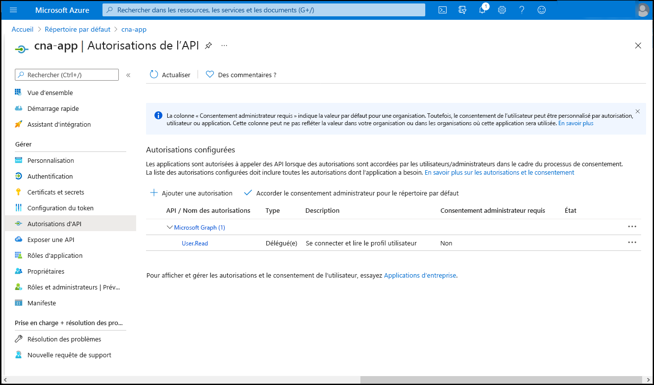 Capture d’écran du volet cnap-app Autorisations d’API dans le Portail Azure.