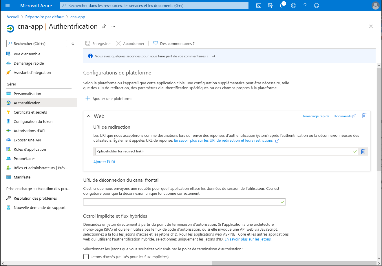 Capture d’écran du volet cna-app Authentification dans le Portail Azure.