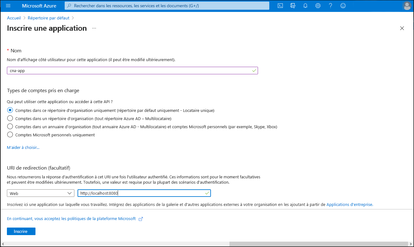 Capture d’écran du volet Inscrire une application dans le Portail Azure.