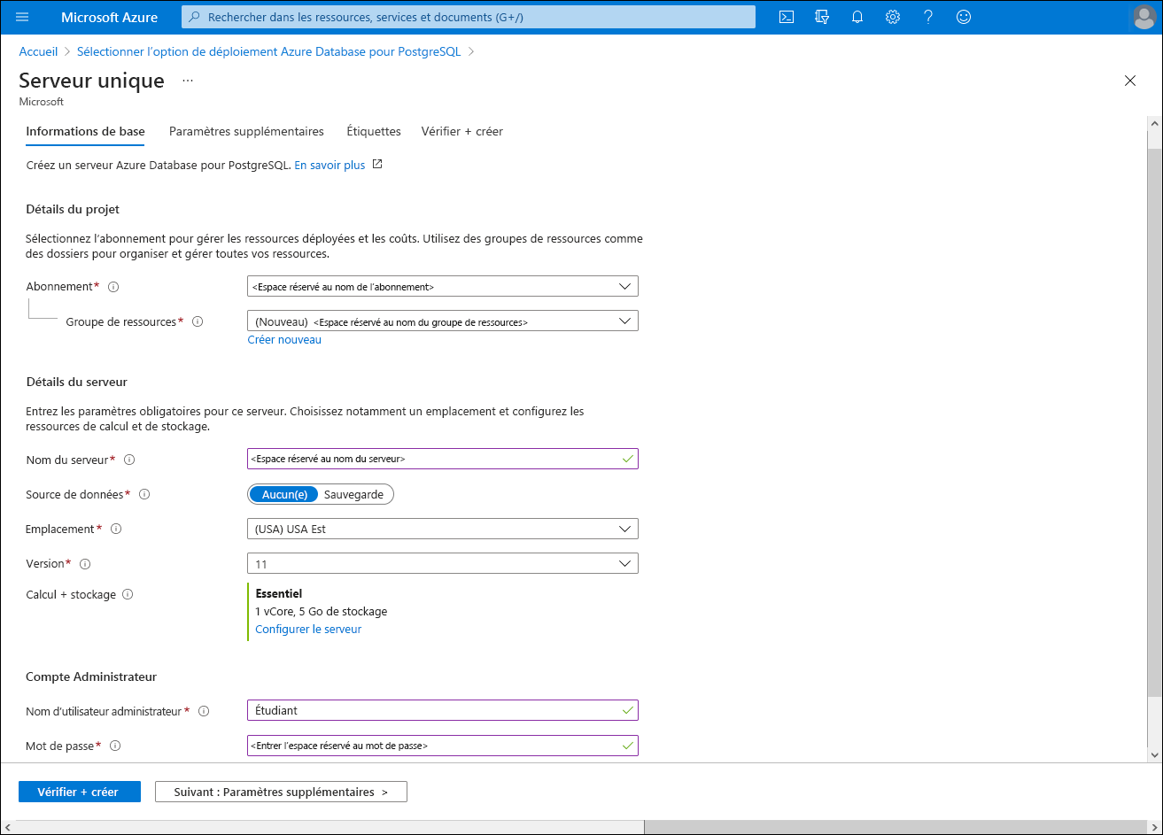 Capture d’écran de l’onglet Informations de base dans le volet Serveur du Portail Azure.